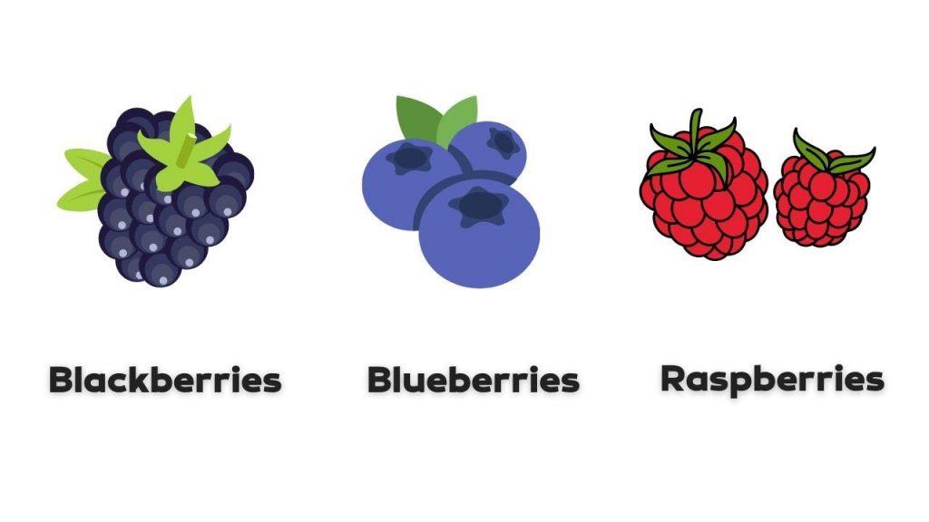 Three types of berries - blueberries, raspberries, and blackberries.